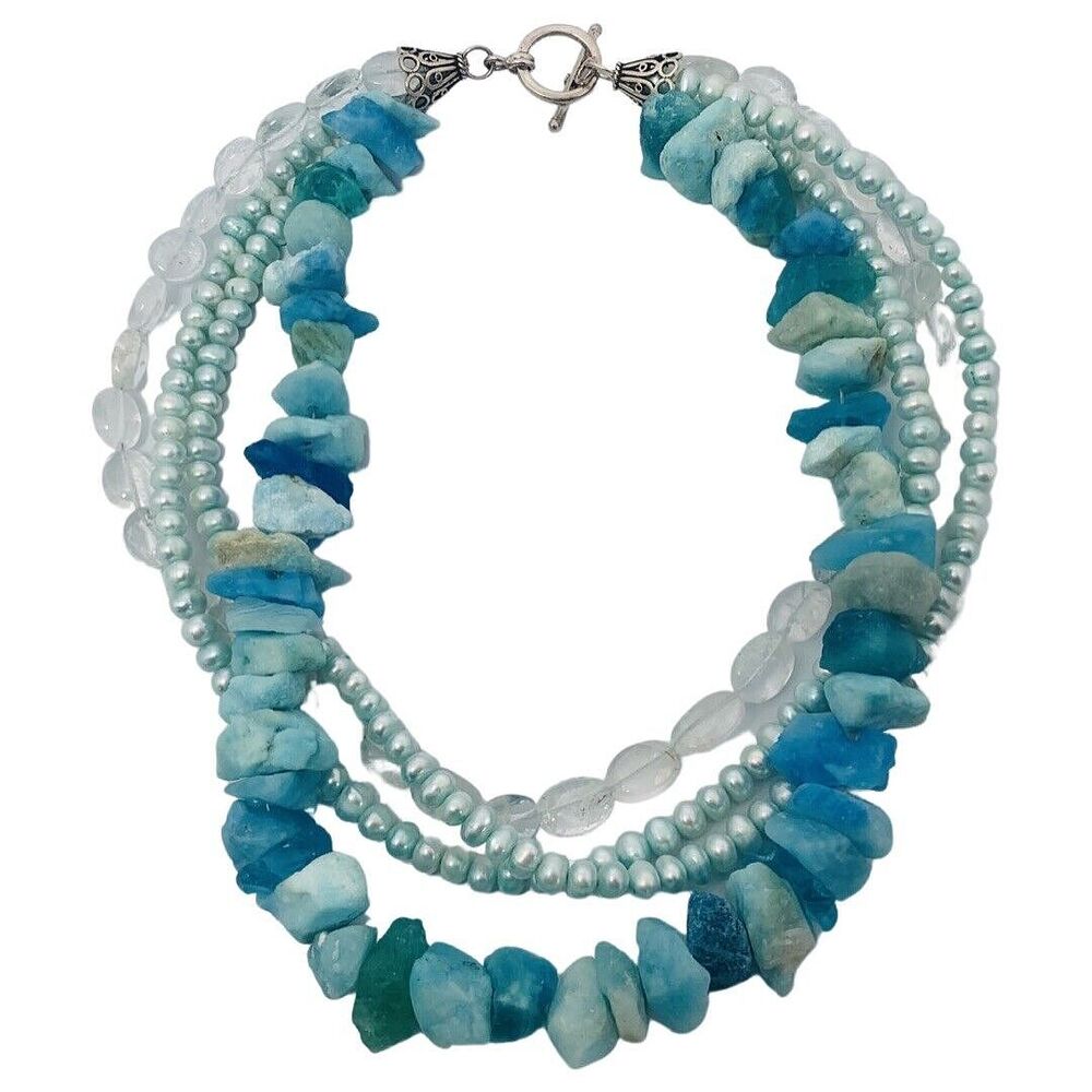 Blue Pearl Layered Necklace 16.5" 925 Sterling Silver Gemstone Trendy